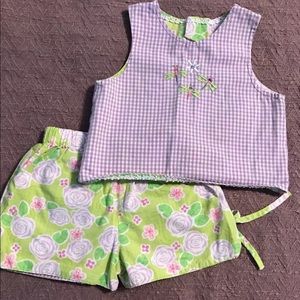 Handmade reversible 2 piece tank and short set dragonfly floral gingham
